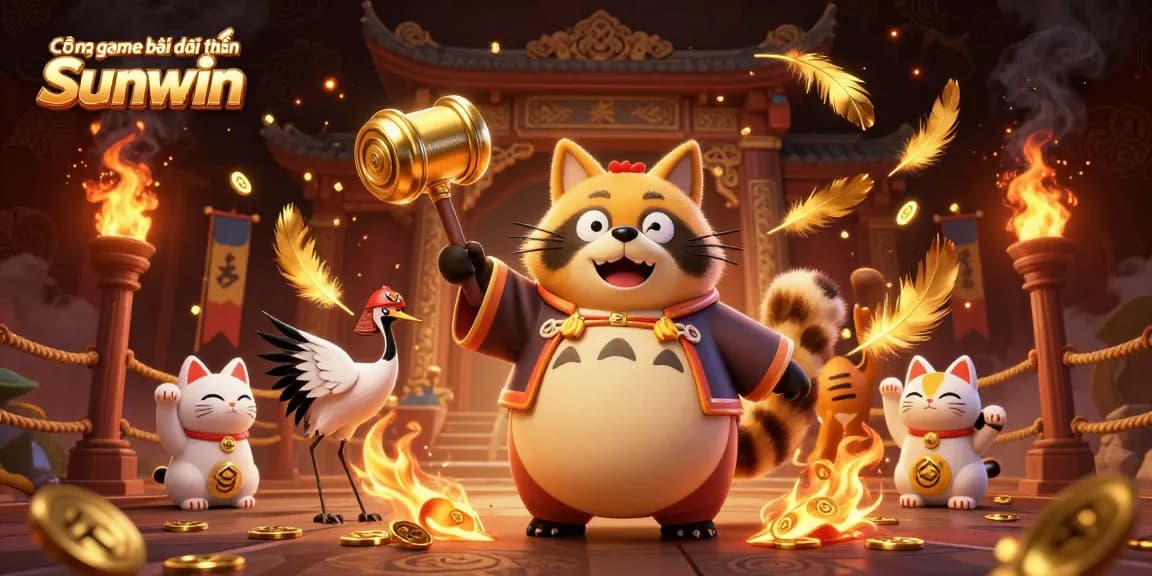 Cổng game bài đổi thưởng Sunwin features a cheerful tanuki and samurai crane amidst a vibrant, dynamic casino scene.