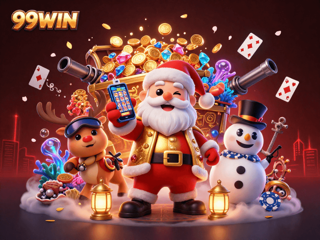 Experience thrilling wins with 99WIN’s festive casino adventure featuring vibrant characters and game elements.