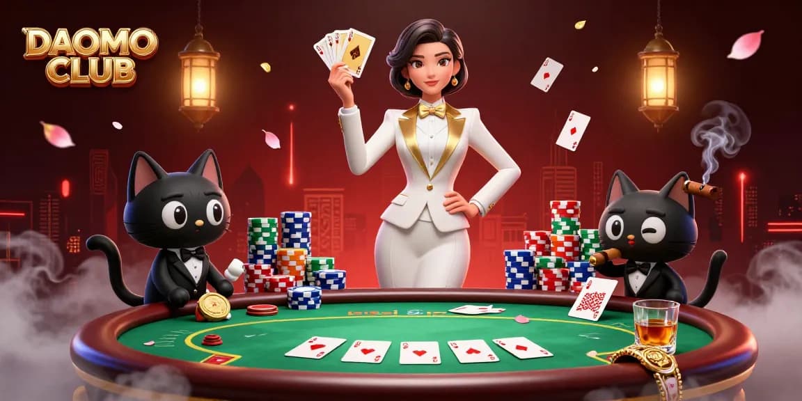 Experience thrilling hands at DAOMO CLUB with a glamorous dealer shuffling cards surrounded by poker chips.