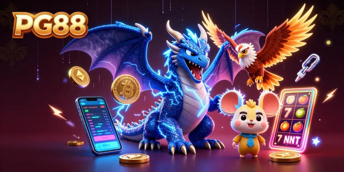 Experience thrilling gaming action at PG88 with a dynamic visual of a thunder dragon and casino elements.