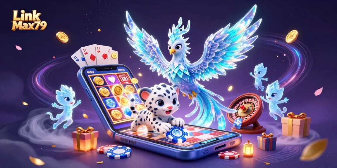 Engage with Link Max79 through a vibrant 3D illustration featuring an ice phoenix and gaming elements.