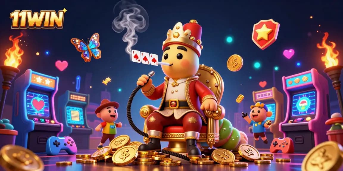Experience the excitement of 11WIN with vibrant casino-themed action in a colorful 3D illustration.