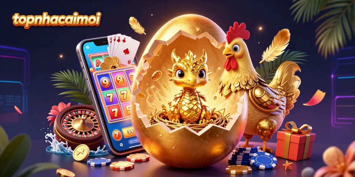 Engage in topnhacaimoi's exciting world of casinos with a golden dragon emerging from poker chips.