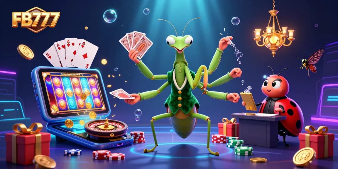 Engage with thrilling FB777 gameplay as a giant mantis deals cards in a vibrant casino setting.