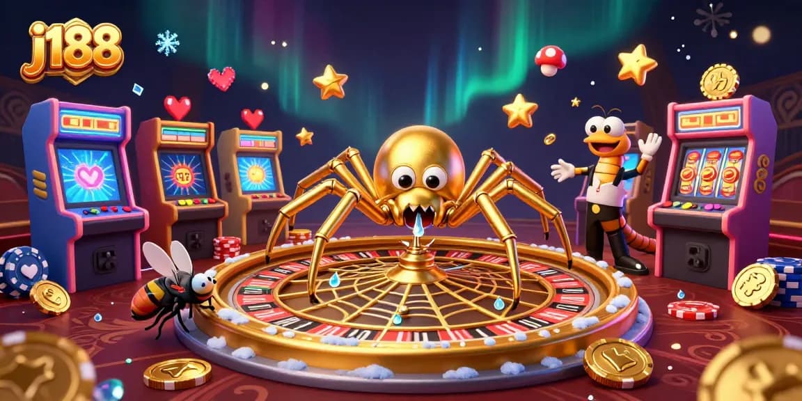j188 captivates players with a vibrant golden spider spinning a roulette wheel web.
