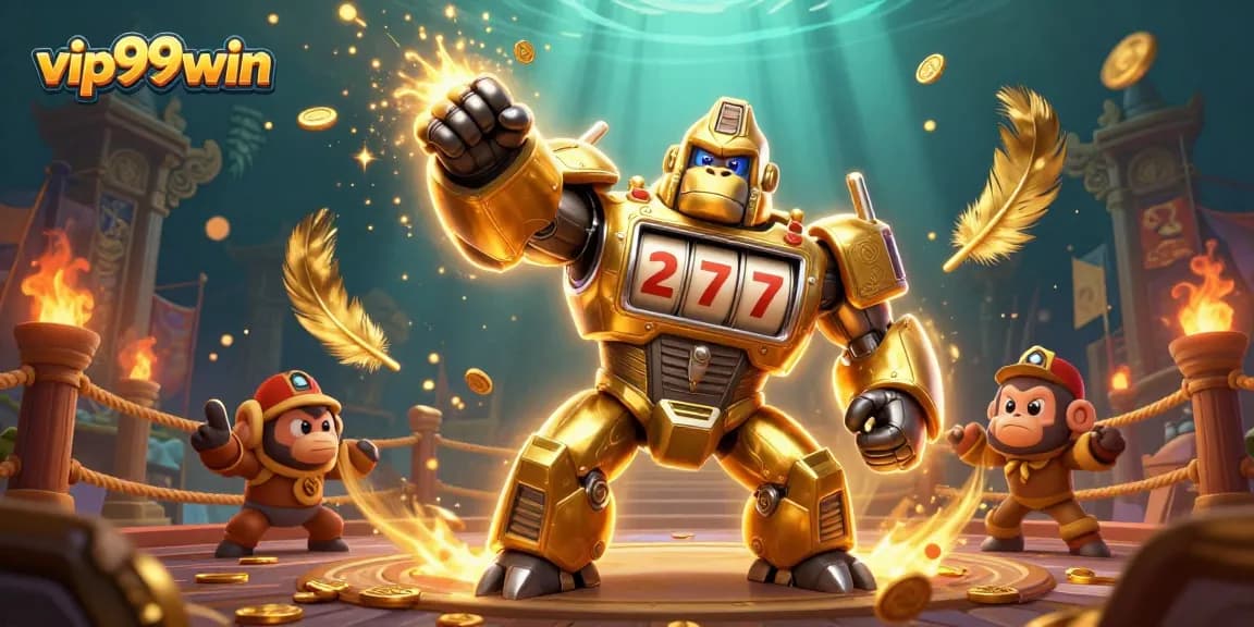 Join the excitement of vip99win with a colossal golden gorilla mech and explosive slot machine action