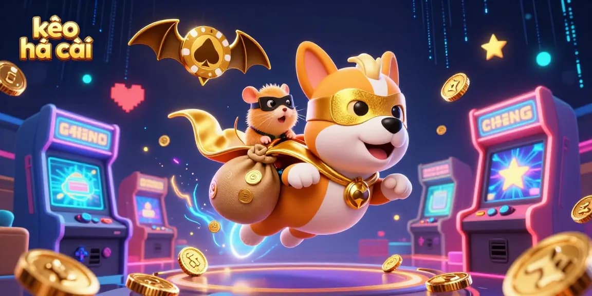 Engage in thrilling kèo nhà cái action as a superhero dog flies over vibrant casino elements, symbolizing the excitement of betting.