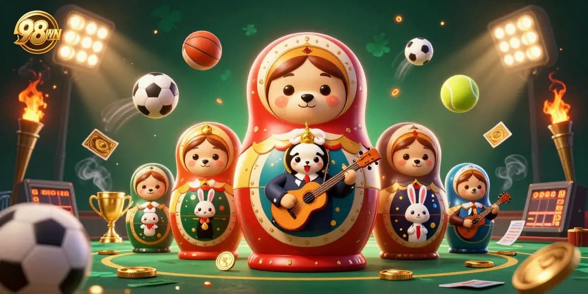 Engage with 98WIN's vibrant casino scene showcasing a festive Matryoshka bear and dynamic betting elements.