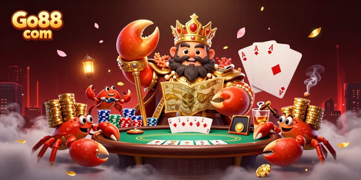 Experience the thrill of gambling at Go88 com with a vibrant 3D casino illustration showcasing colorful poker elements.