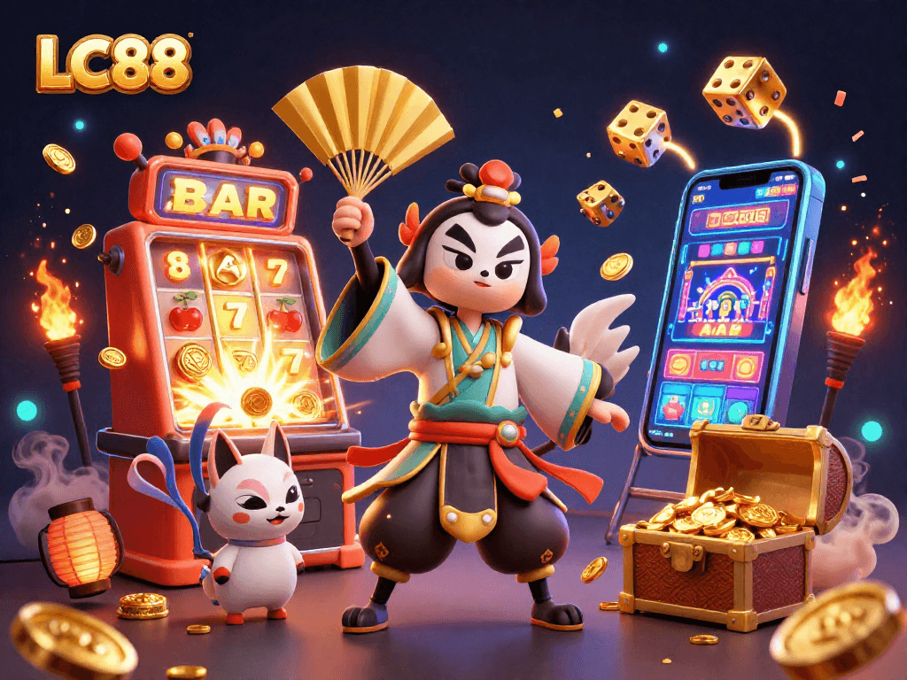 Join the excitement at LC88's captivating casino scene, featuring vibrant slot action and dynamic characters.