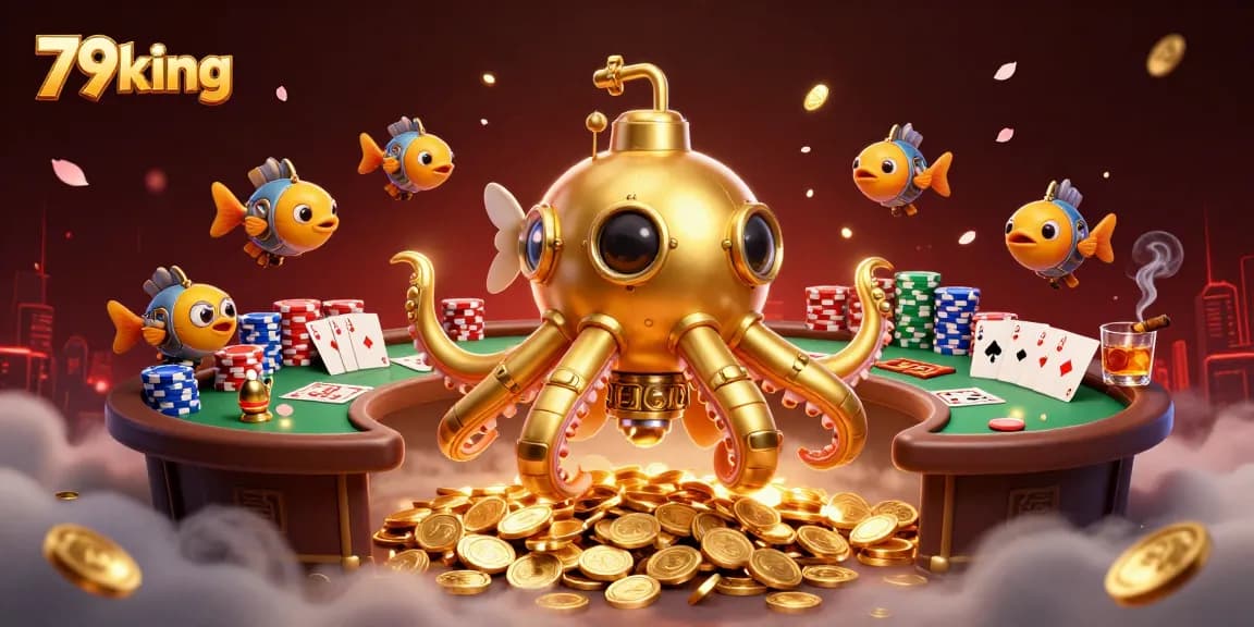 Engage with vibrant gameplay at 79king as the golden kraken surfaces among rich poker elements.