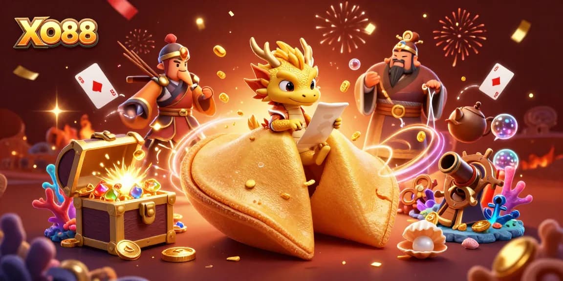 Engage in thrilling casino fun with the vibrant XO88 scene featuring a golden fortune cookie and dragon.