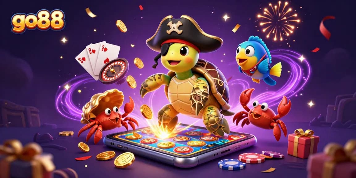 Experience exciting gameplay with go88 featuring a vibrant scene of a pirate turtle, hermit crab, and parrotfish amidst treasures.