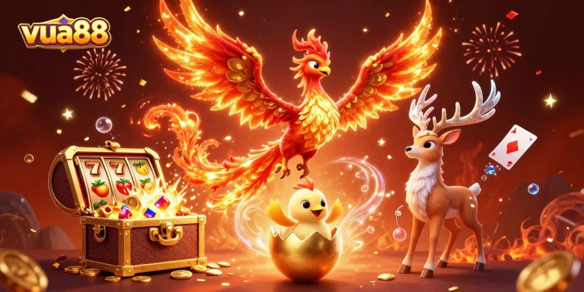 Experience thrilling gameplay at vua88 with vibrant visuals, slot reels, and rich gold details.