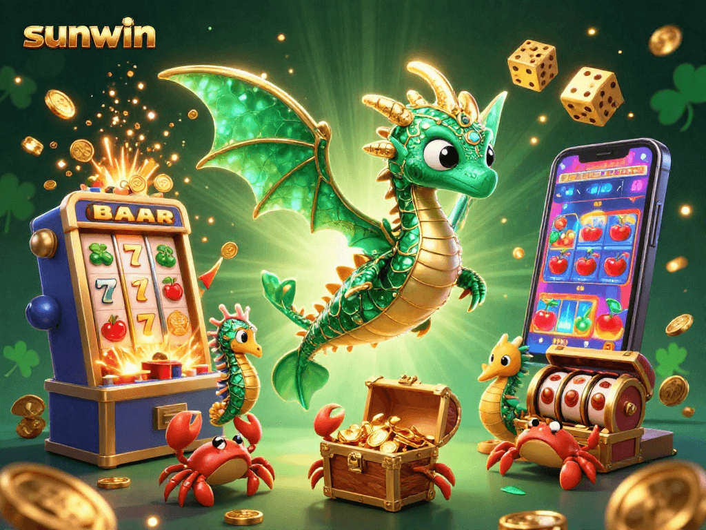 Experience sunwin's thrilling adventures with a fantasy sea dragon amidst vibrant casino treasures.