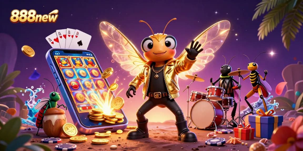 Engage with 888new's vibrant casino scene featuring a cicada rock star and dynamic gaming elements.