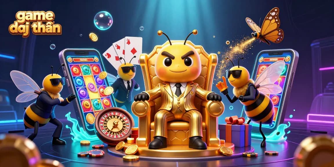 Engaging 3D scene of game đổi thưởng with a bumblebee mob boss, wasp bodyguards, and butterfly, surrounded by casino elements.