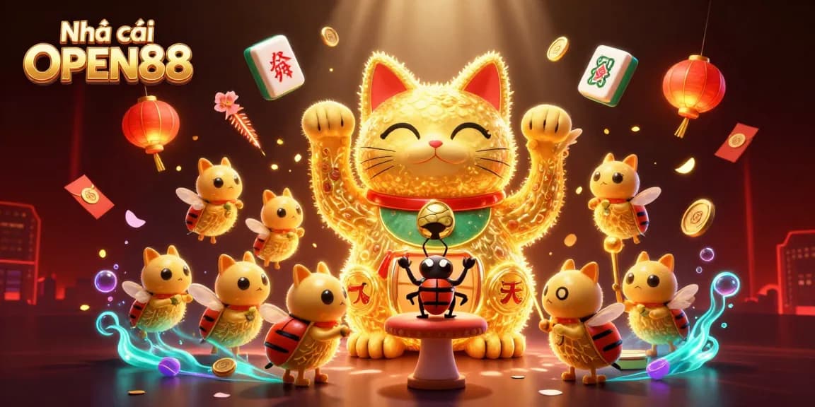 Experience fun with Nhà cái OPEN88 in a vibrant 3D illustration showcasing diverse casino elements and a lucky cat.