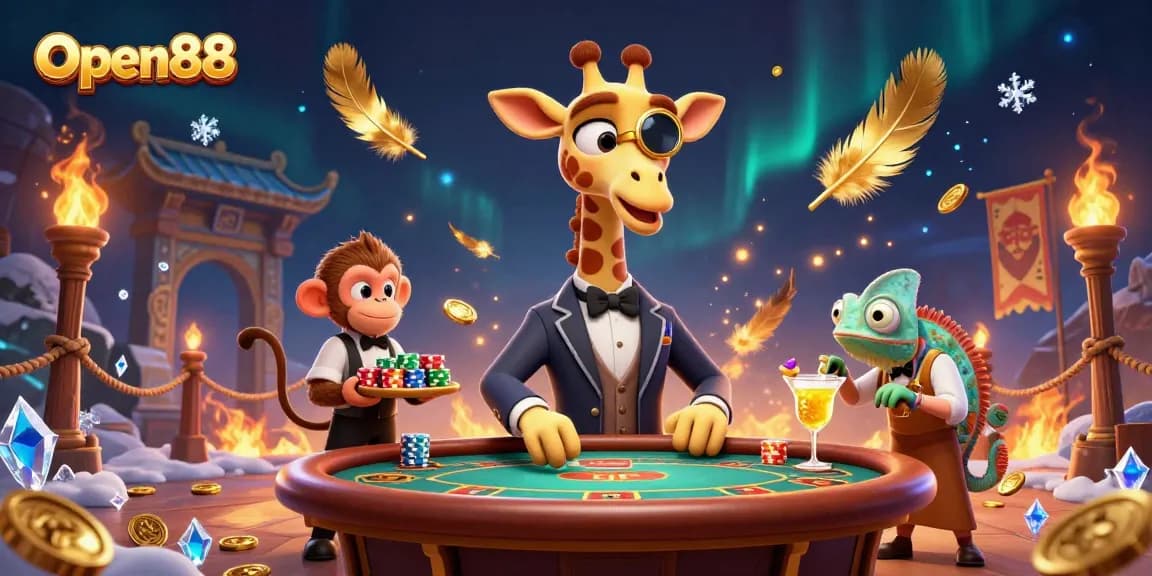 Open88 players enjoy a thrilling casino scene with a giraffe, monkey, and chameleon at a poker table.