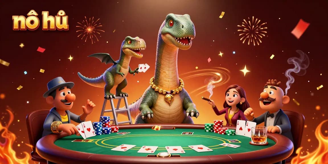 Experience the excitement of nổ hũ with a whimsical, colorful casino scene featuring animated dinosaurs and poker action.