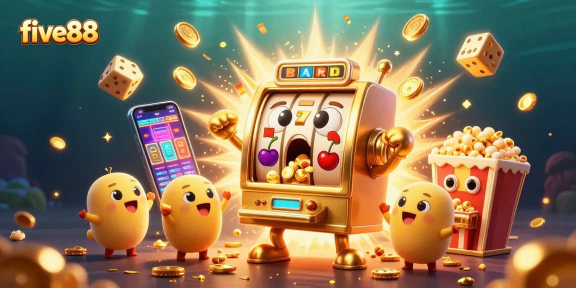 Experience five88's thrilling jackpot moments with vibrant slot machines and confetti bursts.