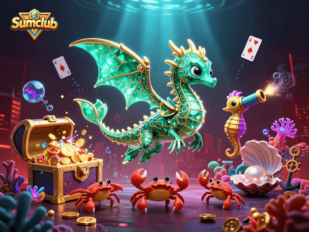 Sumclub's enchanting sea dragon oversees a treasure-filled underwater scene, captivating players in vibrant casino action.