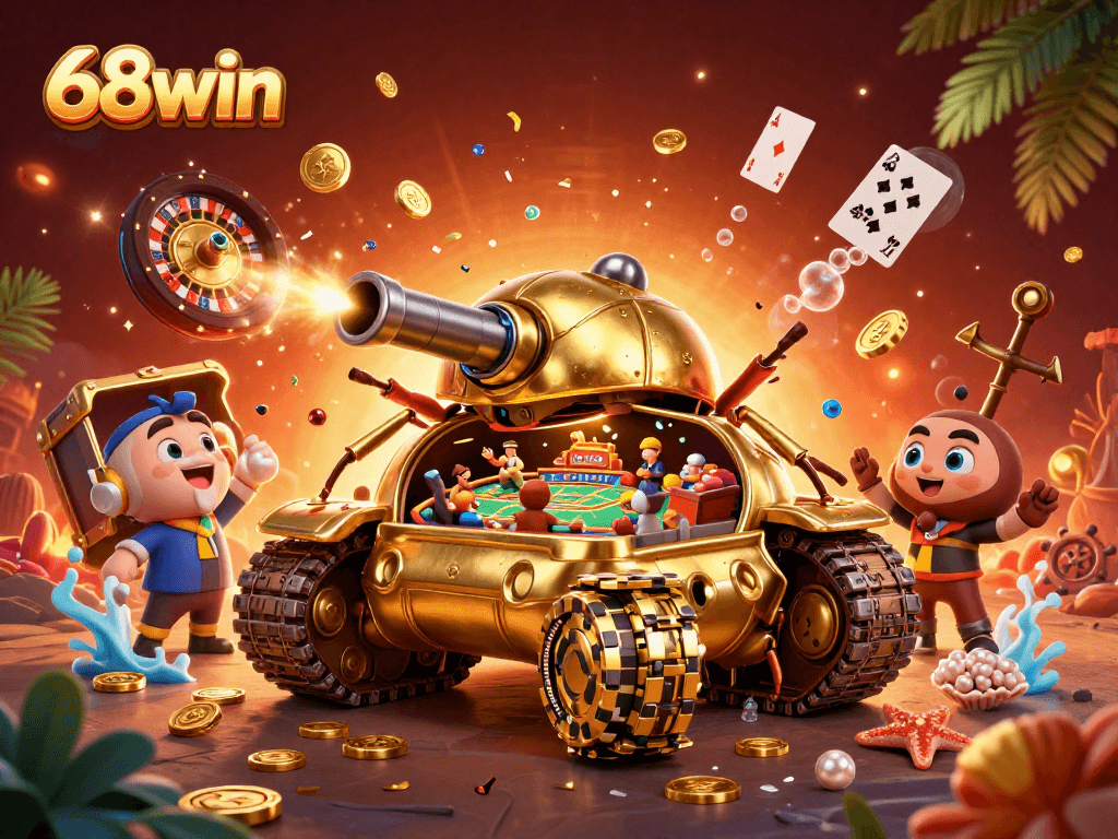 Engage with the vibrant 68win casino experience featuring a 3D golden beetle tank and explosive treasure.