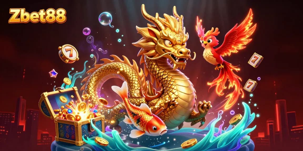 Zbet88 offers thrilling online slots with a dynamic dragon scene featuring coins and lucky symbols.