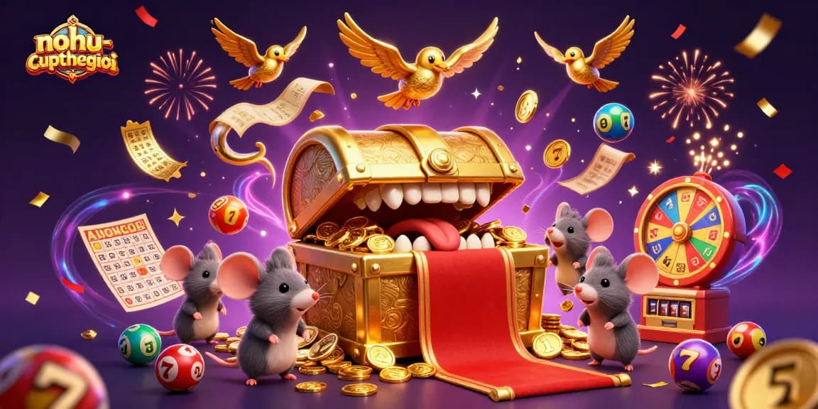 Nohu-cupthegioi showcases a vibrant 3D illustration of adventure mice attracted to a golden treasure chest amidst casino elements.