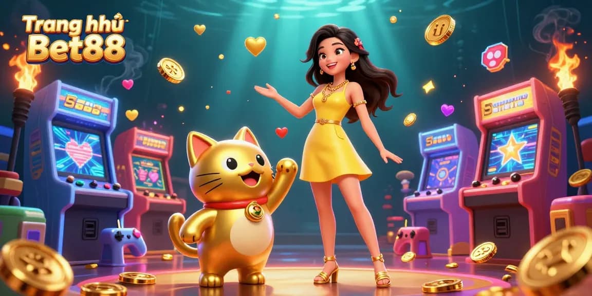 Experience excitement at Trang chủ Bet88 with a cheerful woman and golden lucky cat under colorful gaming elements.