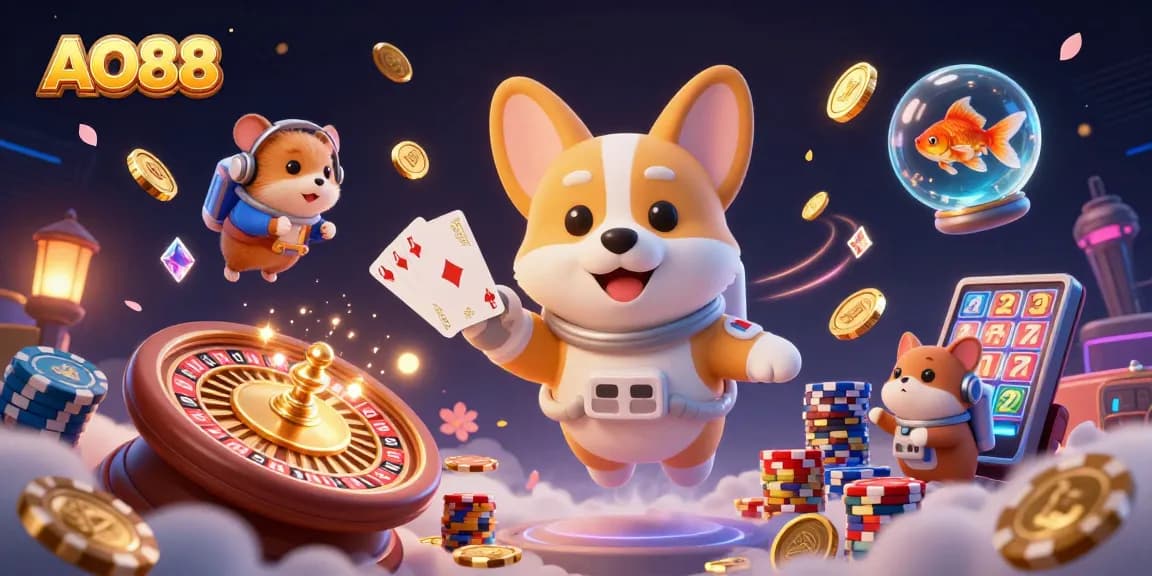 Engage with AO88's thrilling space casino by playing games amidst floating chips and coins.