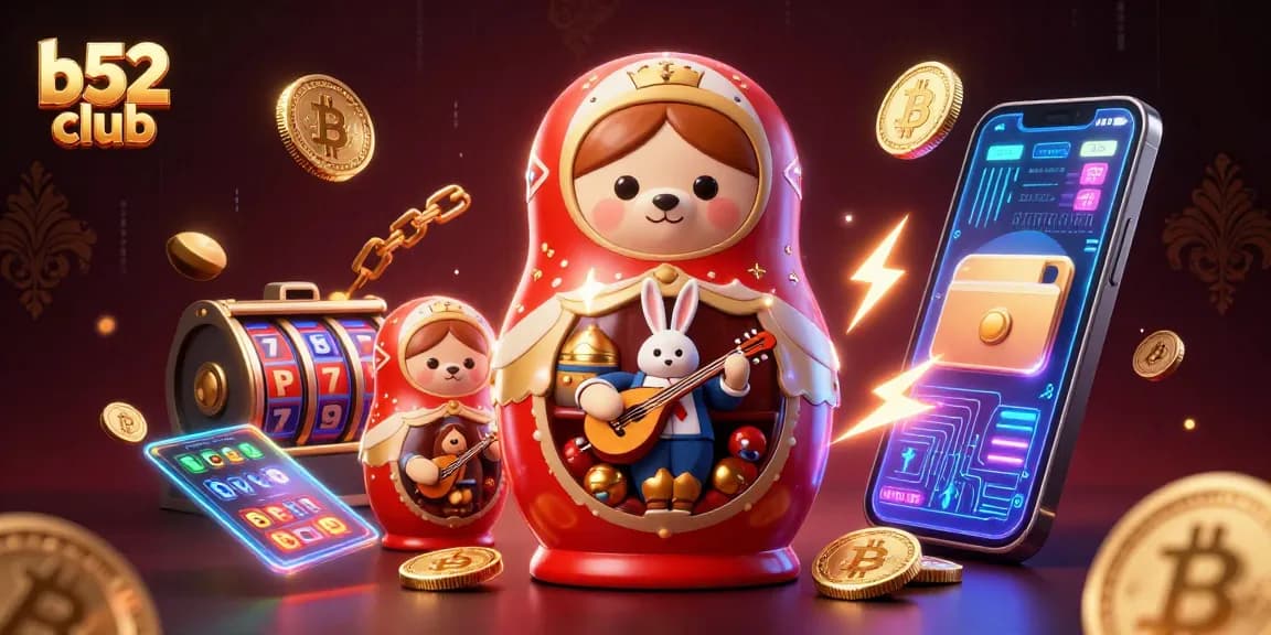 Play at b52 club with stacked dealer bears amidst crypto coins and neon elements.