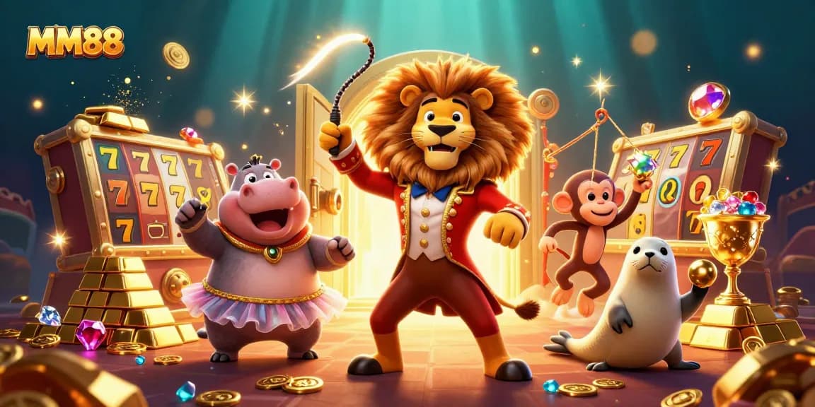 Experience the thrill of MM88 with a vibrant 3D casino scene featuring lively characters and sparkling treasures.