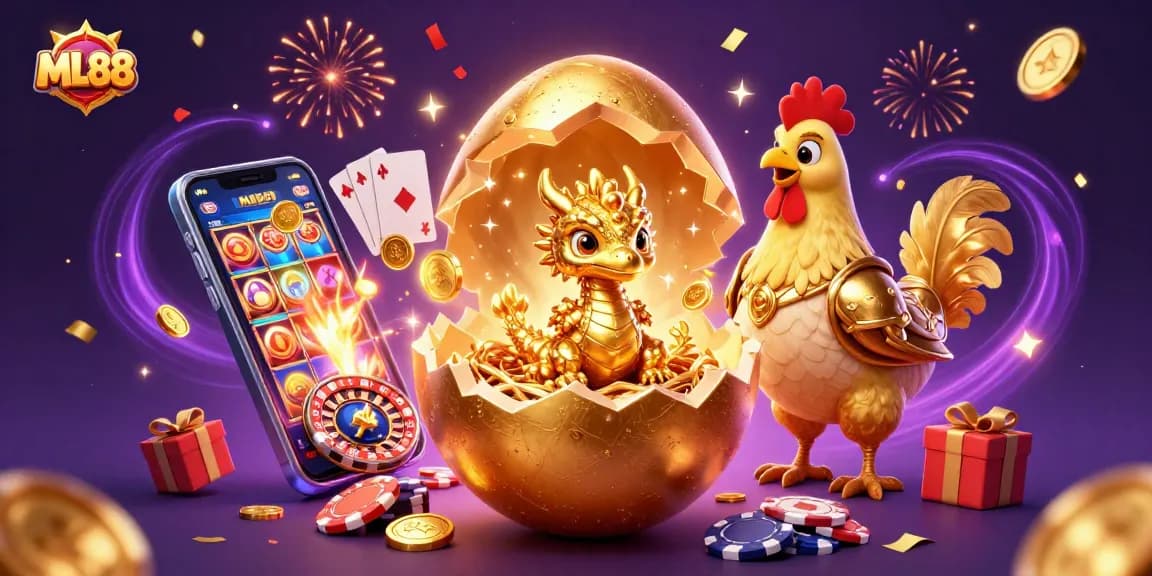 Engage in ML88 slots with a golden baby dragon amidst poker chips and festive casino elements