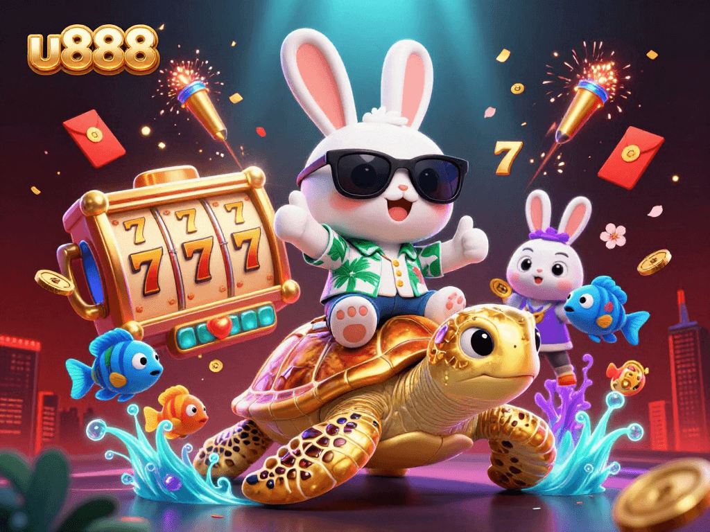 Join the vibrant world of u888 with a lucky rabbit and golden turtle celebrating casino games.