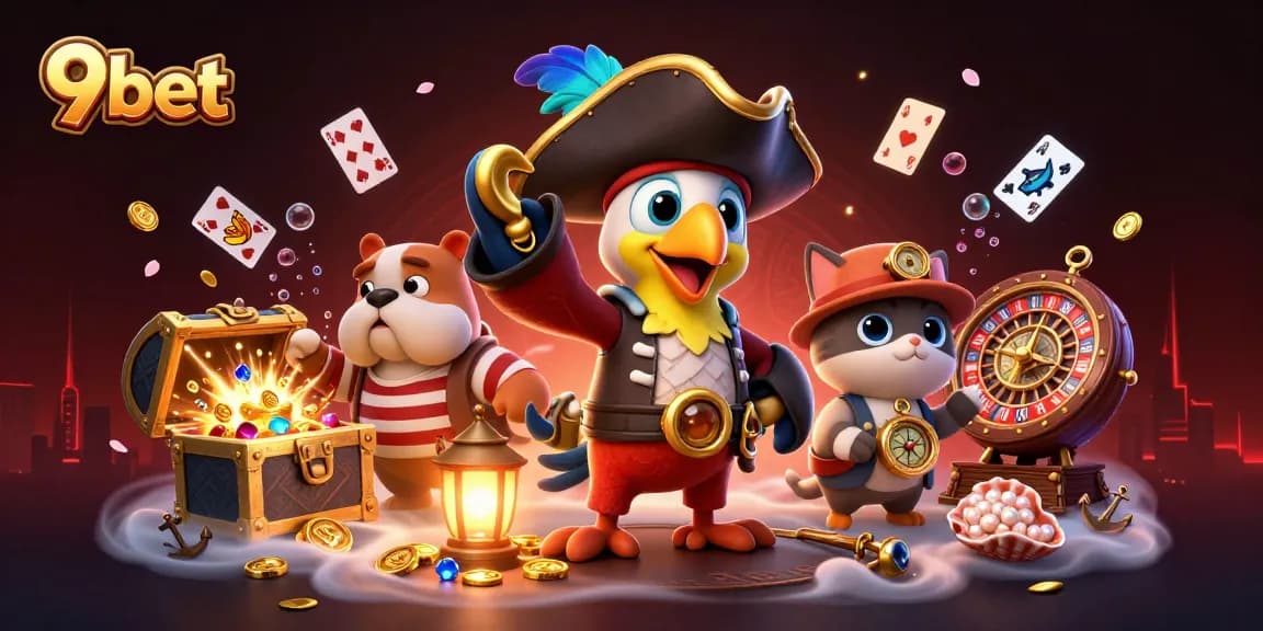 9bet's captivating casino experience illustrated with a vibrant pirate scene full of gaming elements.