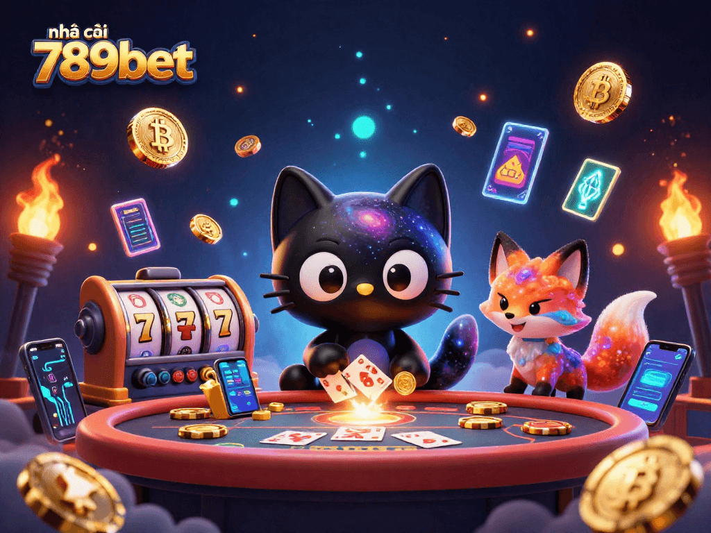 Experience casino excitement with nhà cái 789bet as a cosmic cat pulls in golden chips amidst vibrant digital elements.