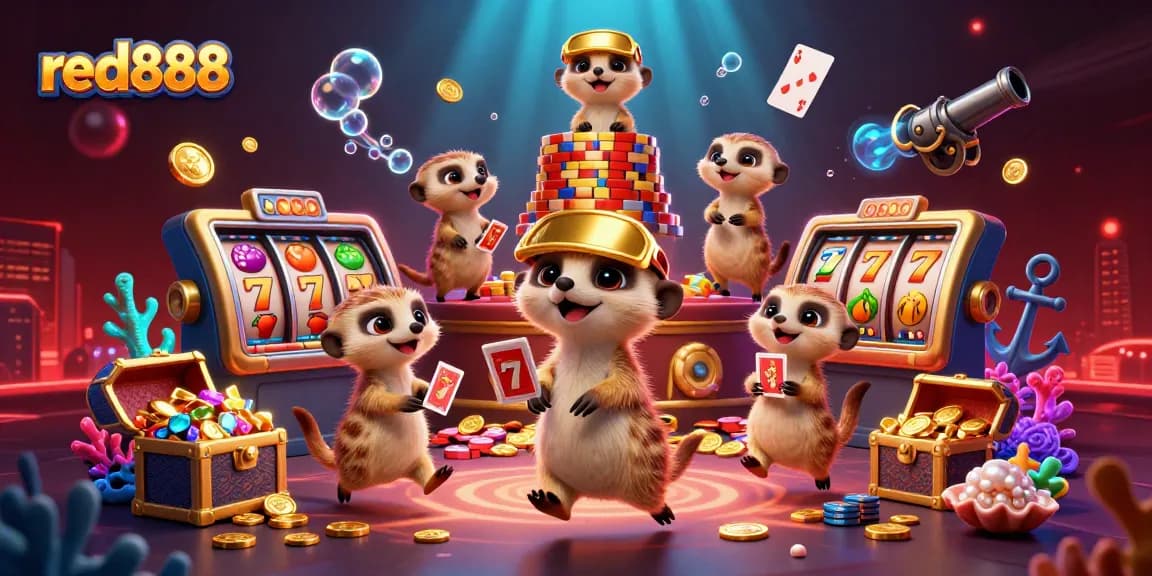 Experience the vibrant red888 casino scene with playful meerkats and thrilling slot action.