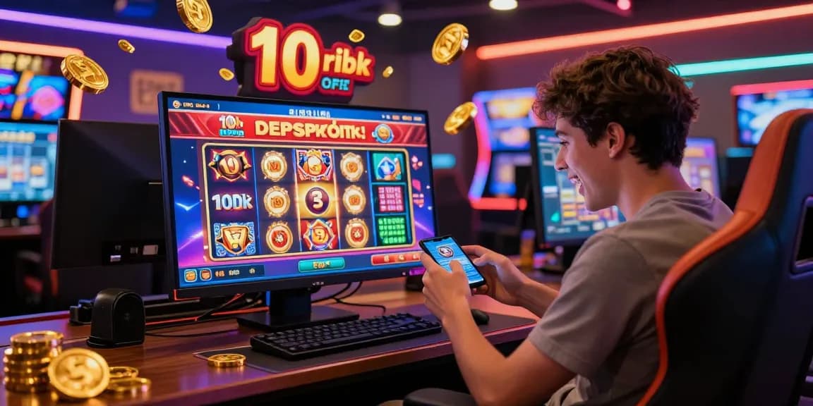 Energetic player enjoying situs slot deposit 10 ribu experience on smartphone with vibrant casino backdrop