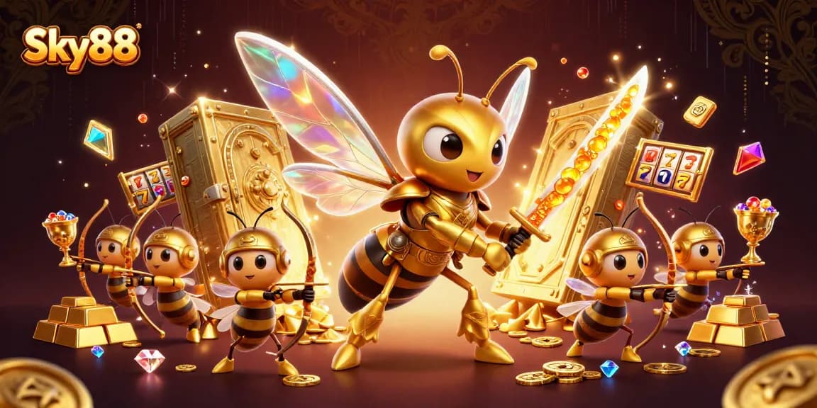 Experience thrilling gameplay with Sky88 in a vibrant casino scene featuring gold, jewels, and dynamic action.