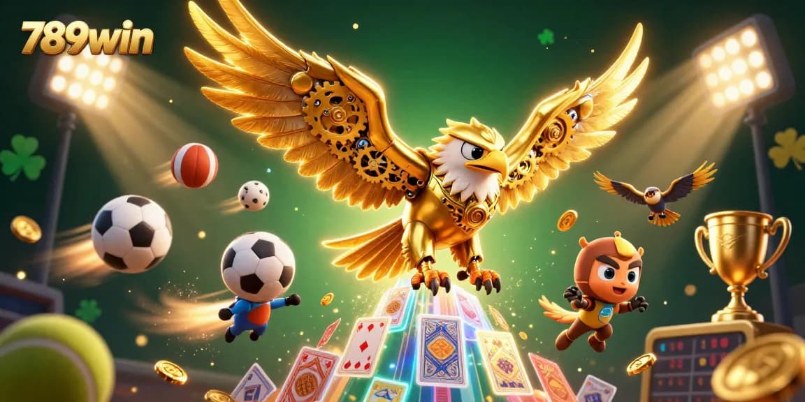 Bet on thrilling 789win games with a vibrant 3D illustration of a cybernetic eagle amidst holographic cards and sports.