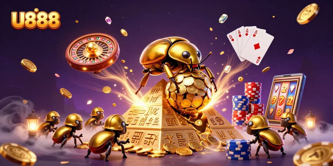 Experience U888's thrilling games with a vibrant scene of golden beetles and casino elements.