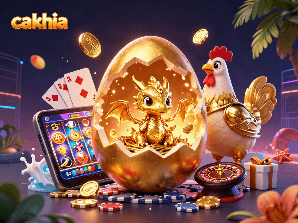 Cakhia brings excitement with a golden dragon and dazzling casino elements bursting from a smartphone.