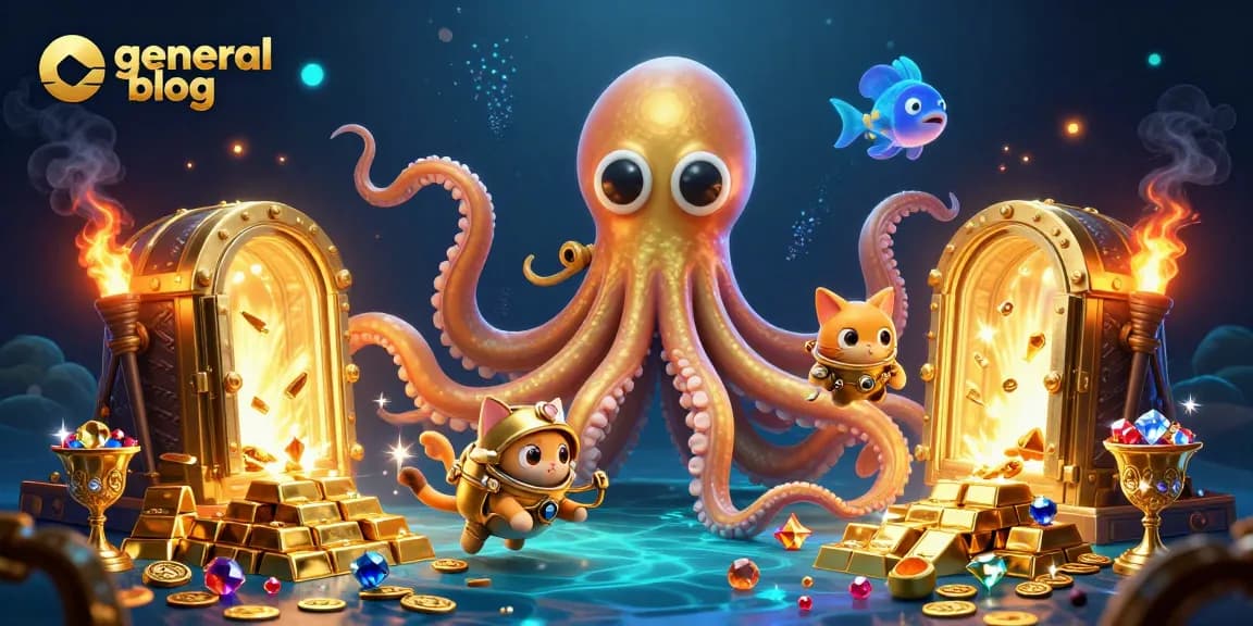 Engage with a thrilling general blog illustration showcasing a kraken and diving cat amid riches.