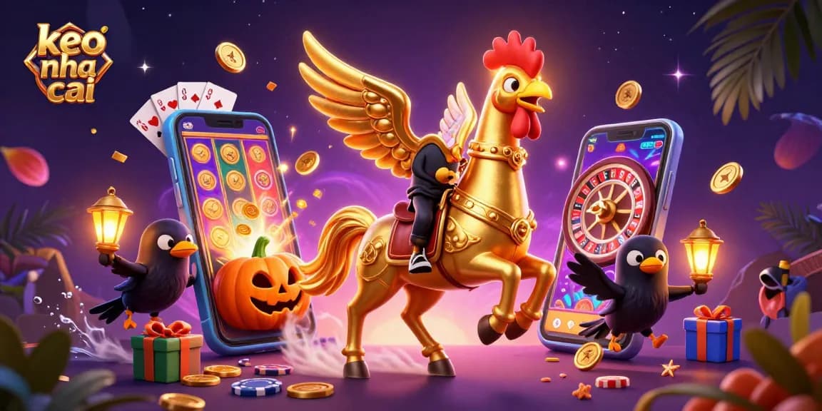 Experience keo nha cai in a vibrant casino scene with a golden rooster and dynamic gaming elements.