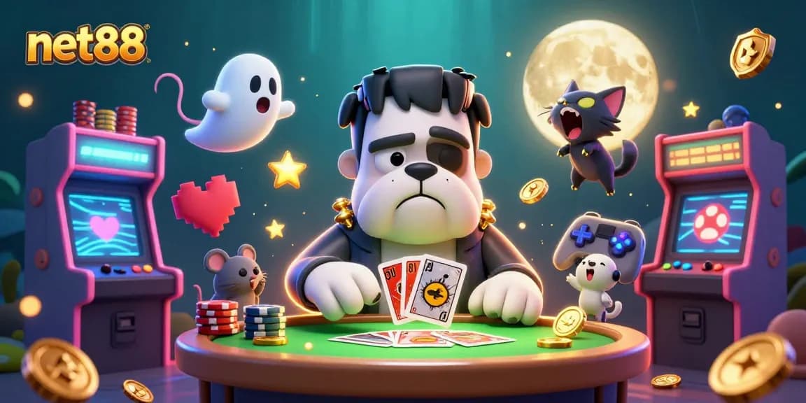 Engage in action with net88 as the Frankenstein bulldog deals cards, amidst vibrant gaming elements.