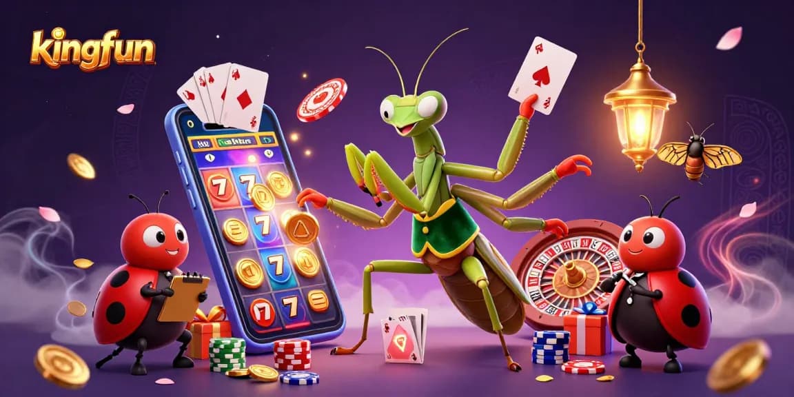 Experience thrilling wins at kingfun with a vibrant scene of a giant mantis card sharp and lucky game elements.