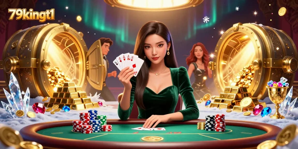 Win big at 79kingt1 casino with a stunning Asian dealer at a poker table, surrounded by treasures.