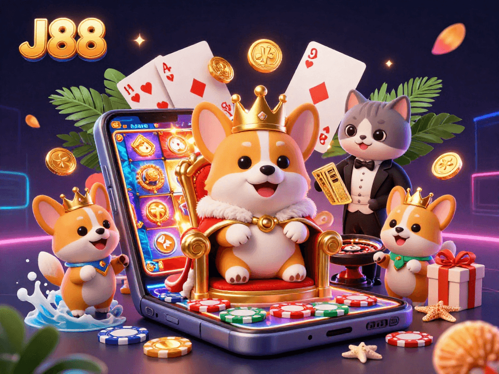 Experience thrilling wins with J88 in an ultra-detailed 3D illustration of playful corgis and casino excitement.