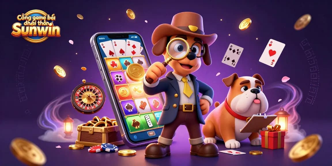 Cổng game bài đổi thưởng Sunwin features a detective duo discovering treasures among colorful casino elements.